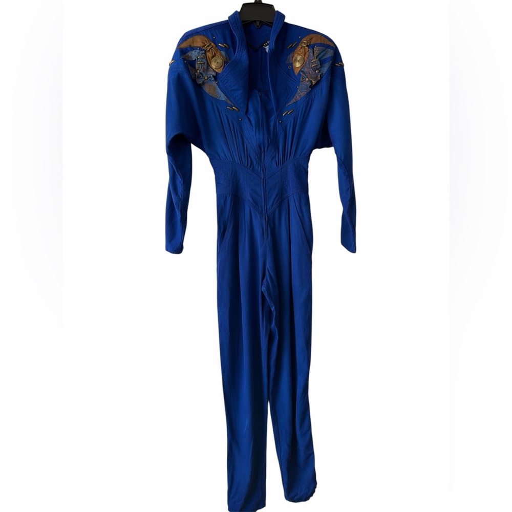 VTG‎ IIF Blue Jumpsuit Beaded Open Collar Zip Front Embellished Shoulder Size 8